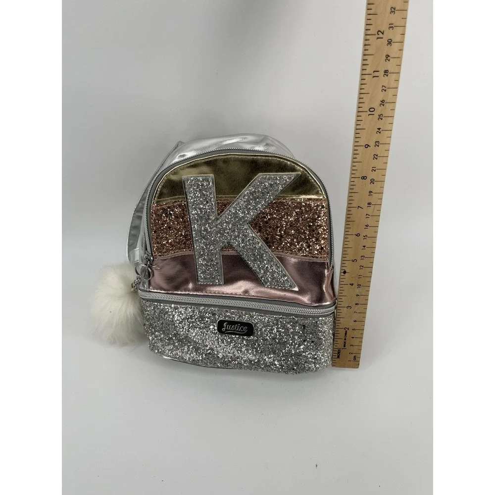 Justice glitter stripe initial mini girls backpack K, Used